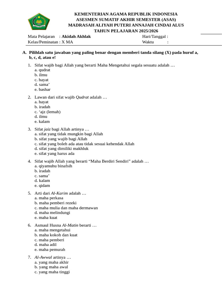 5 Contoh Soal Akidah Akhlak Kelas 10 Semester 1 yang Wajib Kamu Kuasai Sebelum Ujian 5 Contoh Soal Akidah Akhlak Kelas 10 Semester 1 yang Wajib Kamu Kuasai Sebelum Ujian