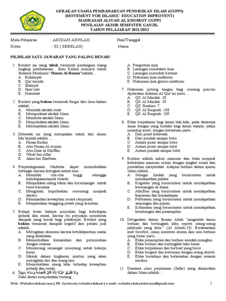 5 Contoh Soal Akidah Akhlak Kelas 11 Semester 1 yang Wajib Kamu Kuasai Sebelum Ujian