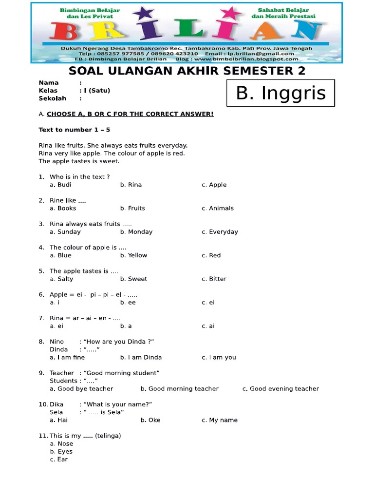 5 Contoh Soal UAS Semester 1 Bahasa Inggris Kelas 3 yang Sering Muncul di STS 2026