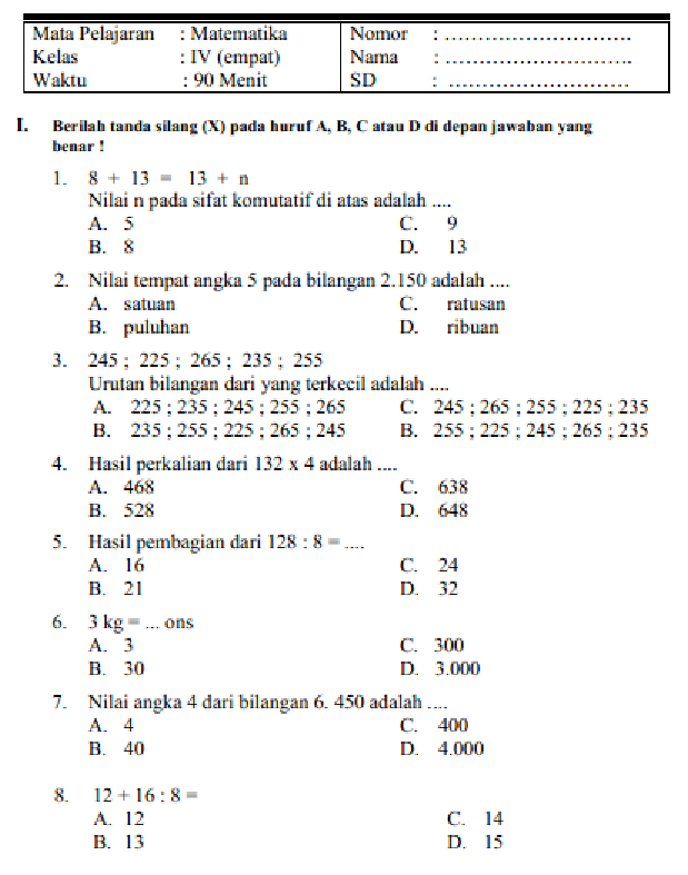 KisiKisi Soal Uas Sd Kelas 6 2013 ggetawards - Soal Soal Matematika
