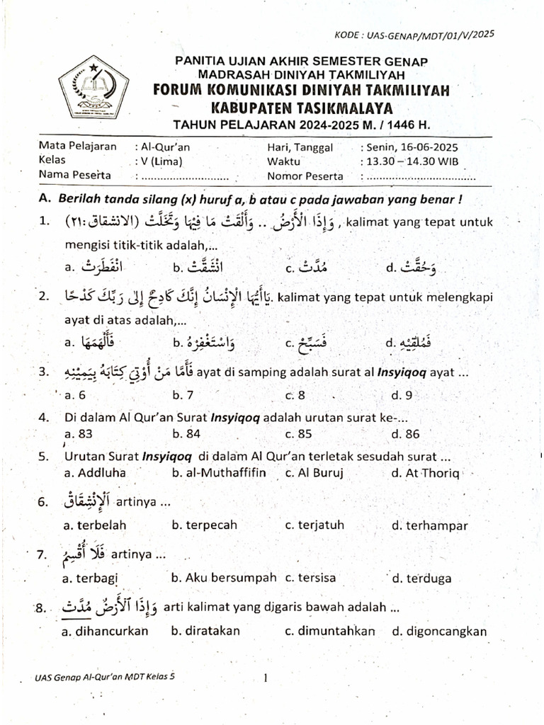 Soal Al-Quran Kelas 5 PDF