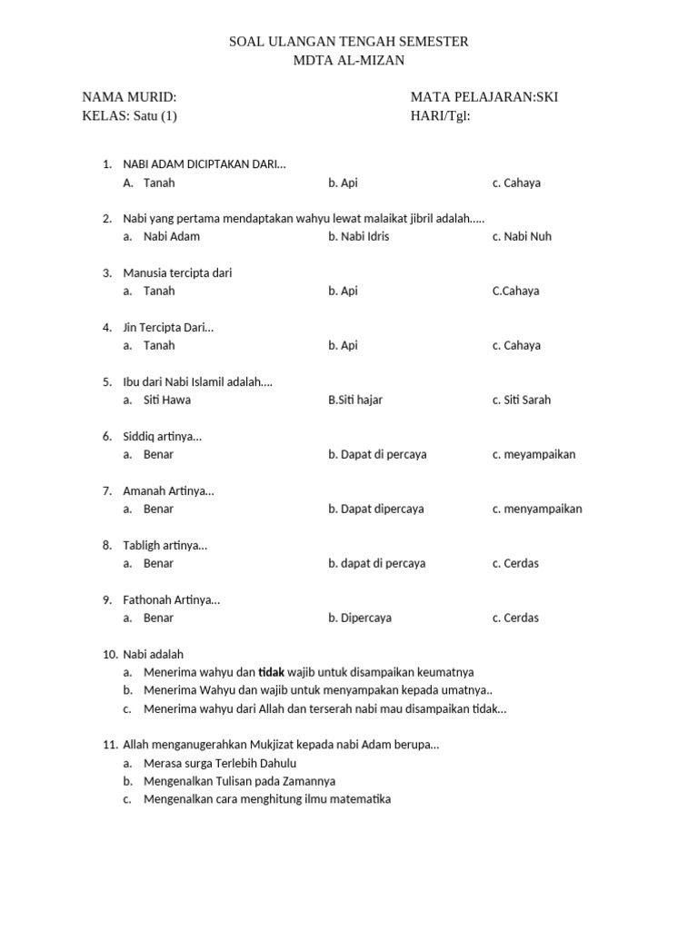 Akhirnya Tersedia 7 Contoh Soal SKI Kelas 1 SD Semester 1 dan 2 Beserta Kunci Jawaban yang Wajib Dipelajari