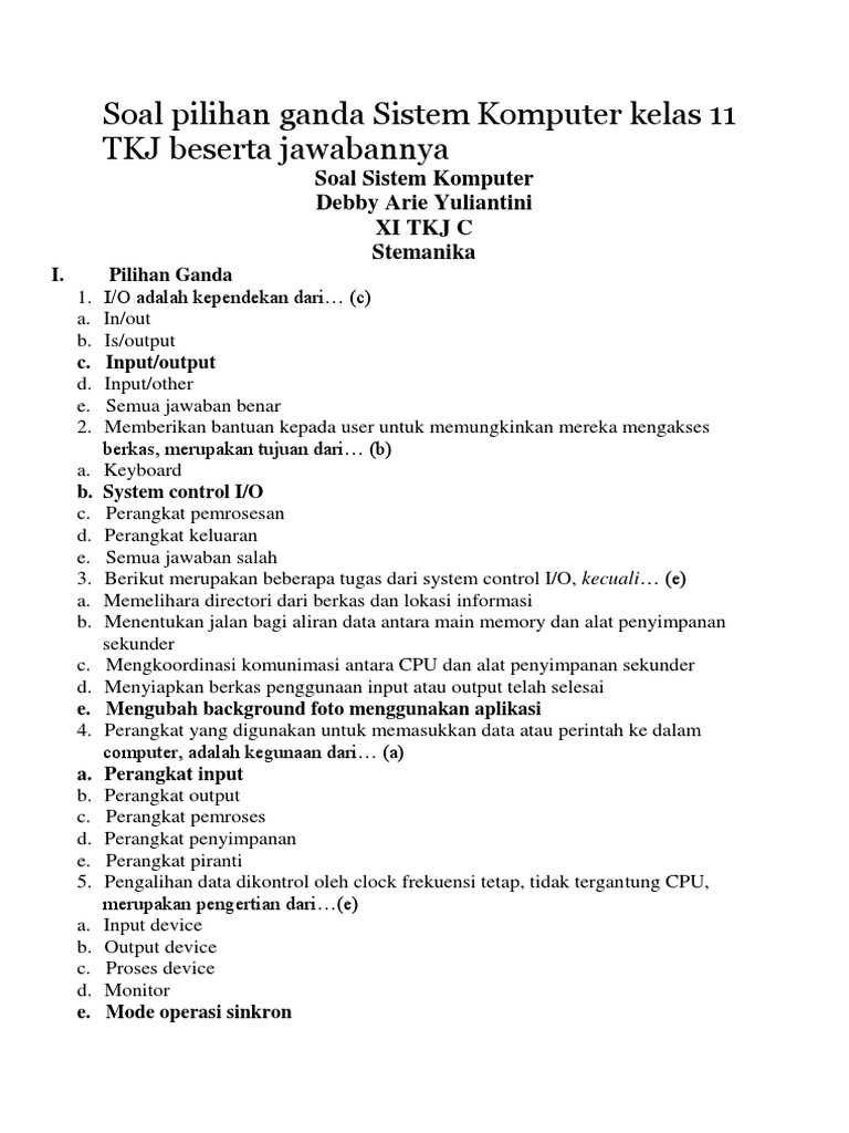 Soal Pilihan Ganda Sistem Komputer Kelas 11 TKJ Beserta Jawabannya PDF