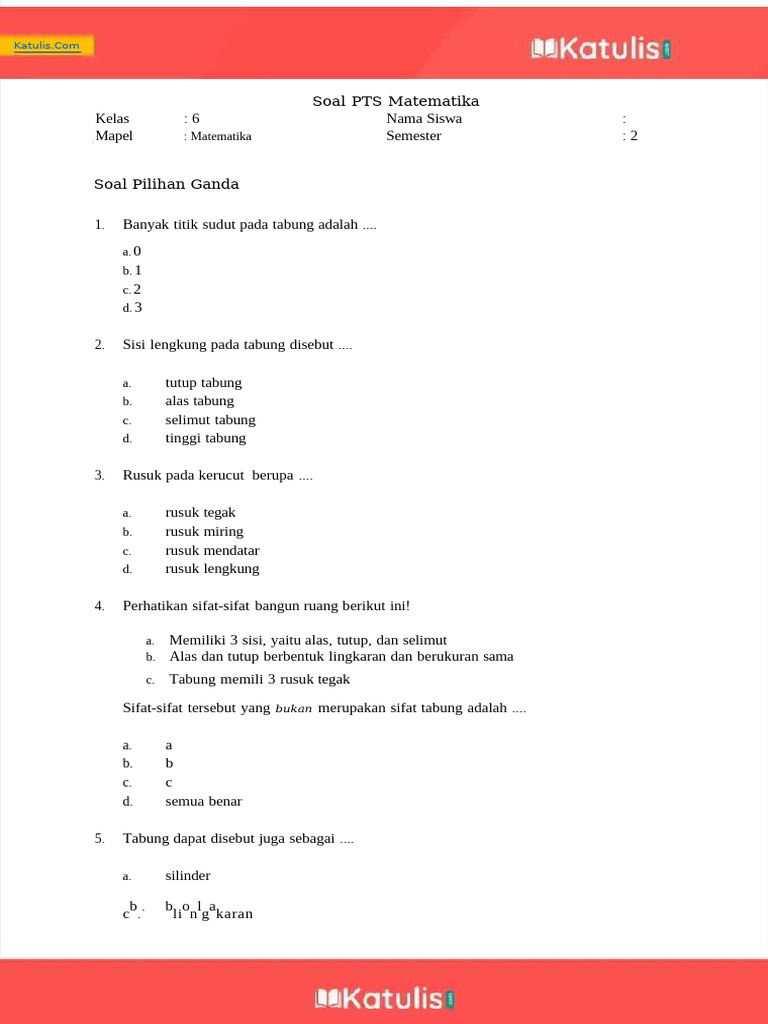 Jangan Sampai Salah Latihan, Ini Contoh Soal PTS Kelas 6 2019 Semester 2 Mapel Matematika yang Sering Muncul