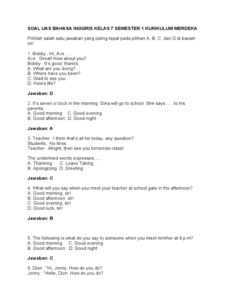 Rahasia Skor Tinggi Lewat Bocoran Soal Bahasa Inggris Kelas 7 Semester 1 Kurikulum 2013 Essay