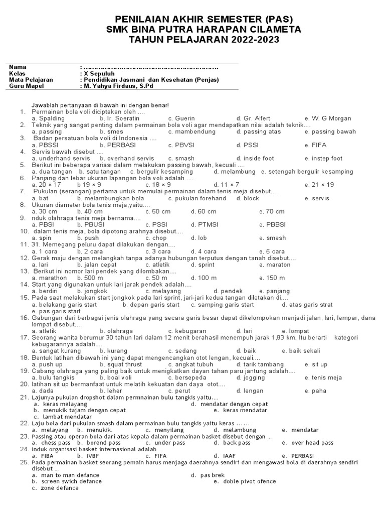 Terbukti! Contoh Soal PTS Penjas SMK Kelas 10 Semester 2 Jarang Diketahui Nilai Naik