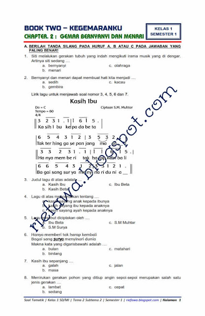 Soal Tematik Kelas 1 Tema 2 Subtema 2 Kegemaranku - Gemar Bernyanyi dan