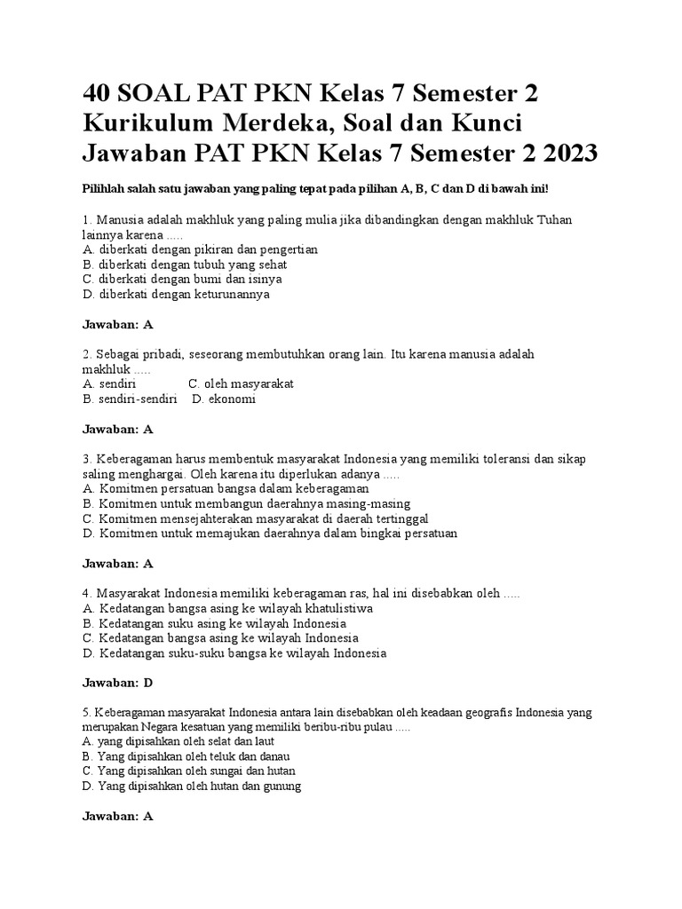 Ternyata Ini Dia Contoh Soal PTS PKN SMP Kelas 7 Semester 2 yang Wajib Kamu Latih