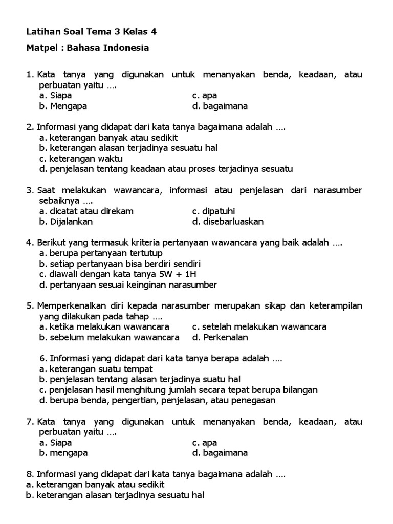 Wajib Tahu Bocoran Soal Tematik Bahasa Indonesia Tema 3 Kelas 4 Agar Nilai Sempurna