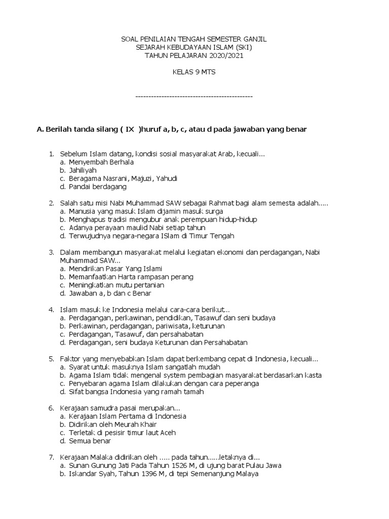 Wajib Tahu! Ini Bocoran Contoh Soal SKI Kelas 9 Semester 1 Agar Nilai Ujian Maksimal