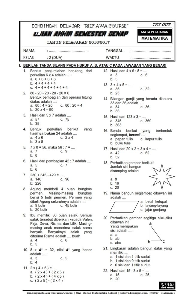latihan soal matematika kelas 4 semester 1 kurikulum 2013